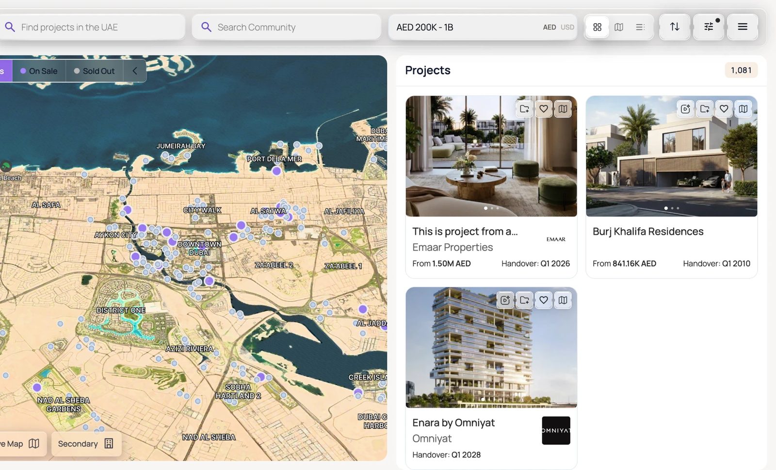 Split view with the map on the left and project cards on the right