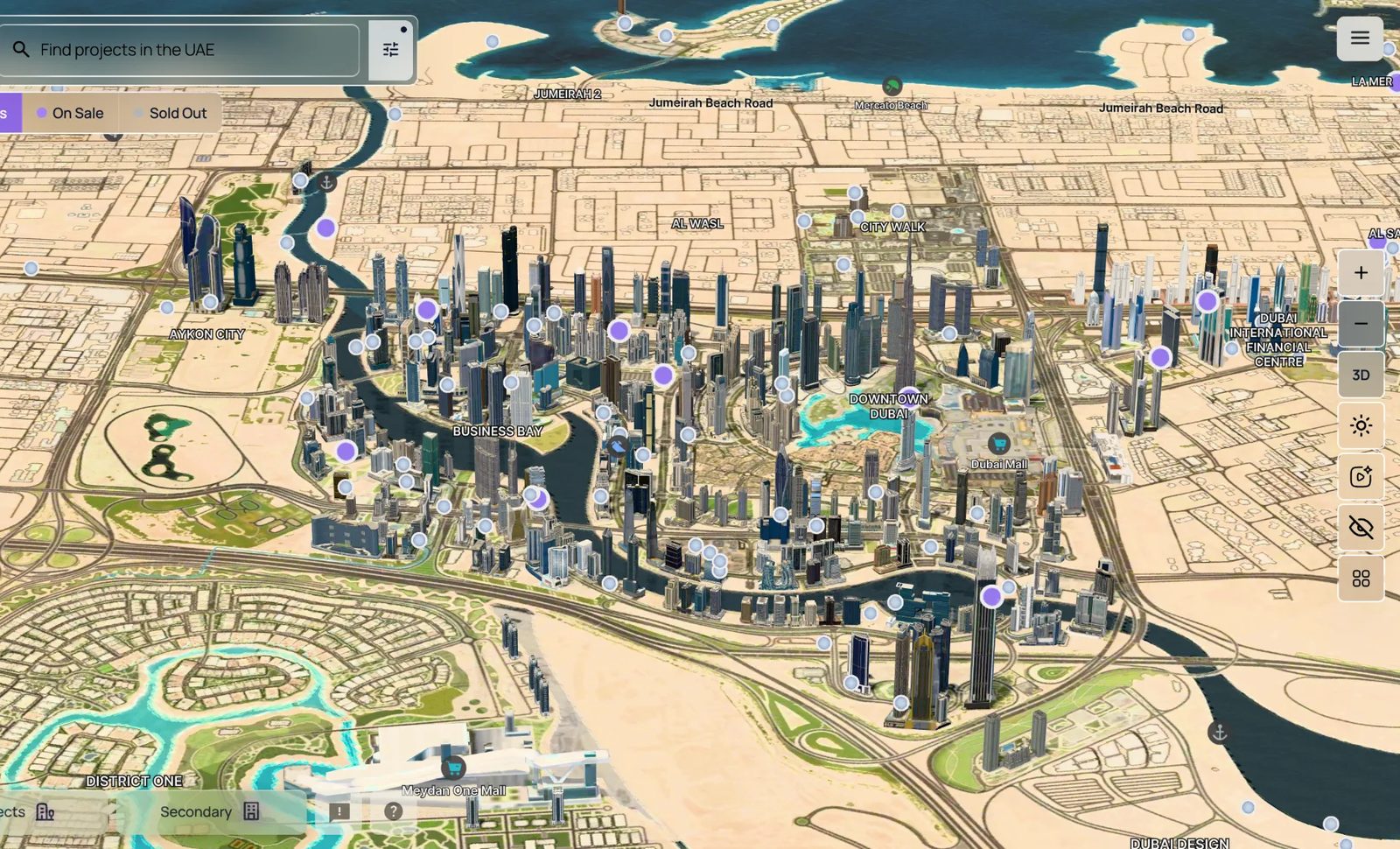 A free 3D map of every Dubai project: shadows, flythroughs and payment-plan filters