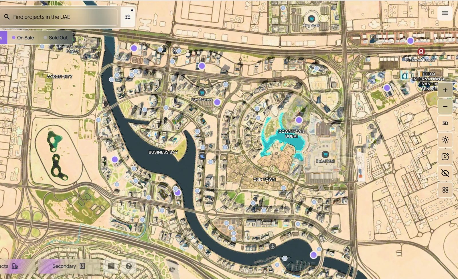 Top-down plan view of Business Bay and Downtown
