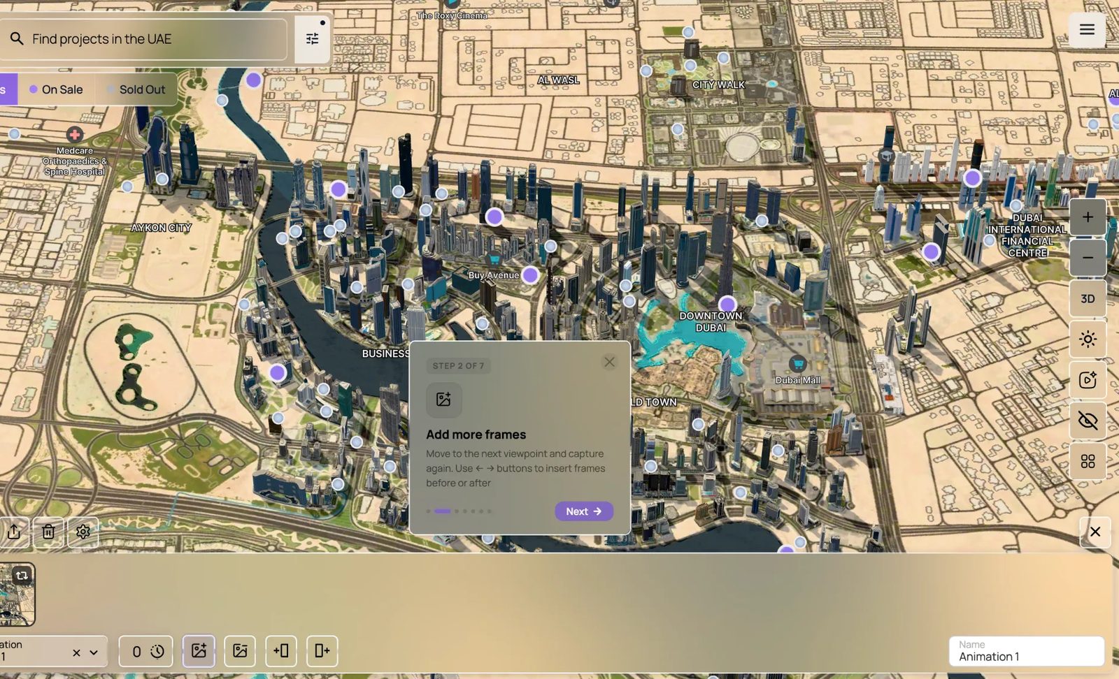 The animation builder, capturing camera frames along a path