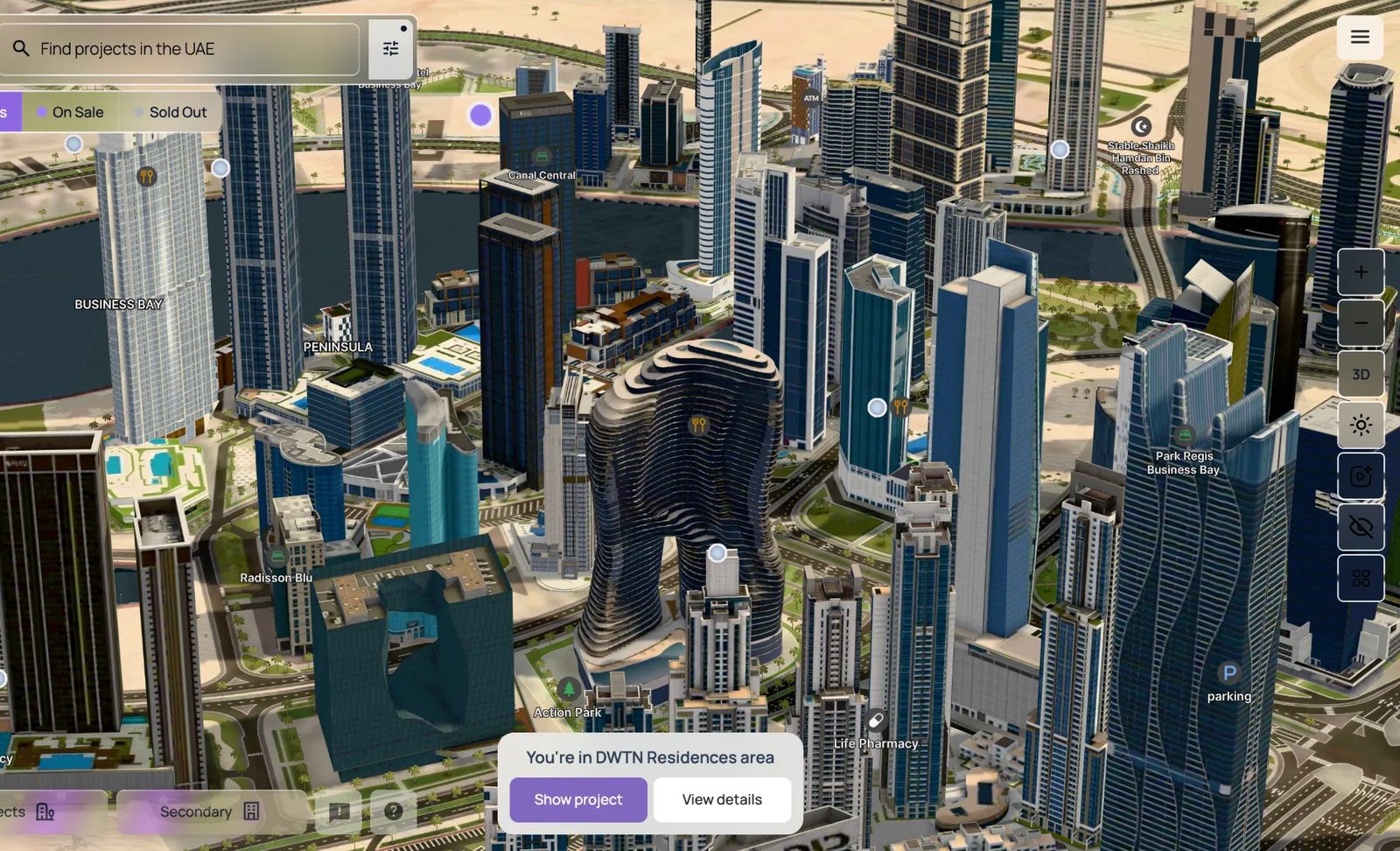Eye-level 3D view among the towers of Business Bay