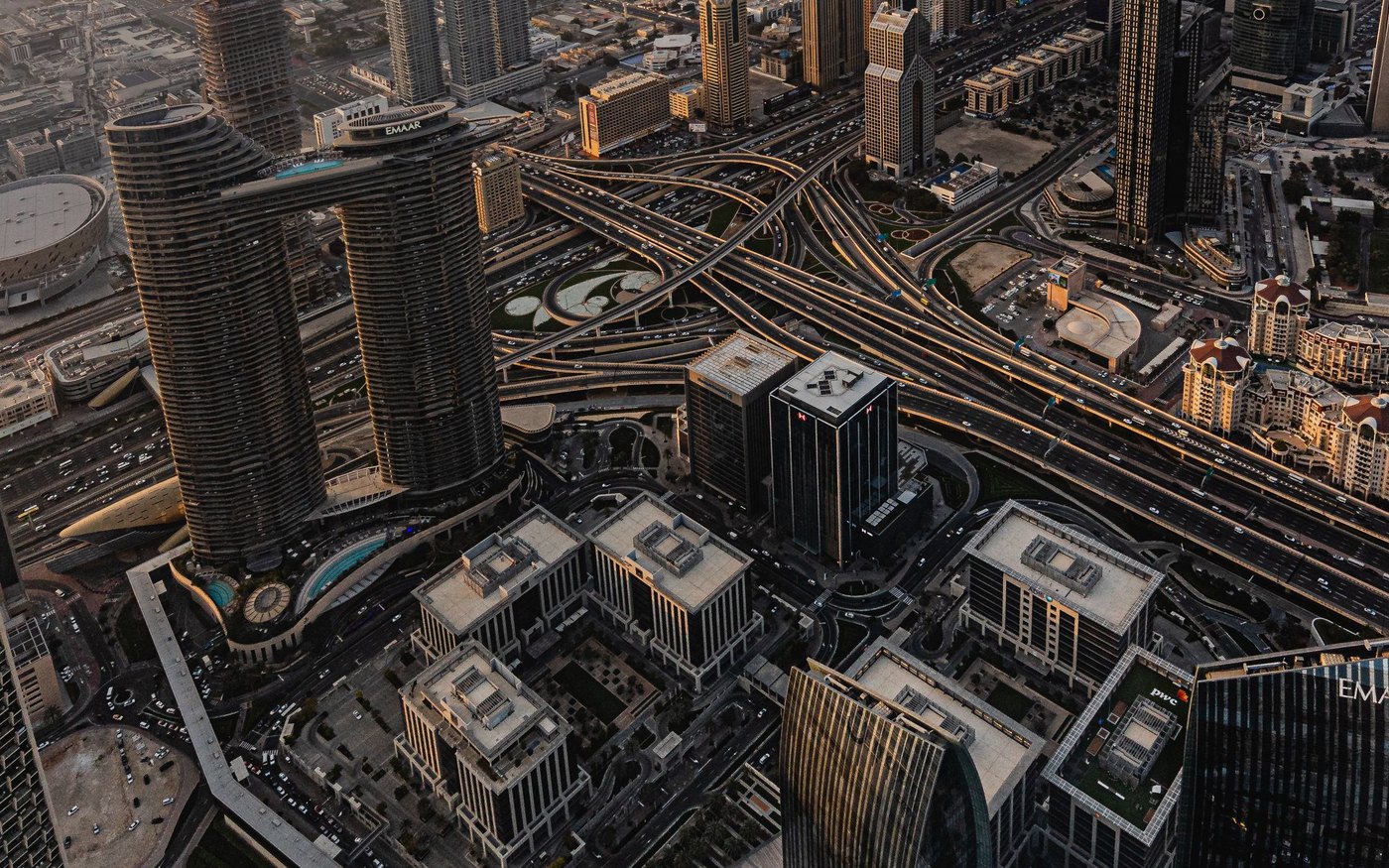 Dubai from above, looking down Sheikh Zayed Road over the DIFC interchange