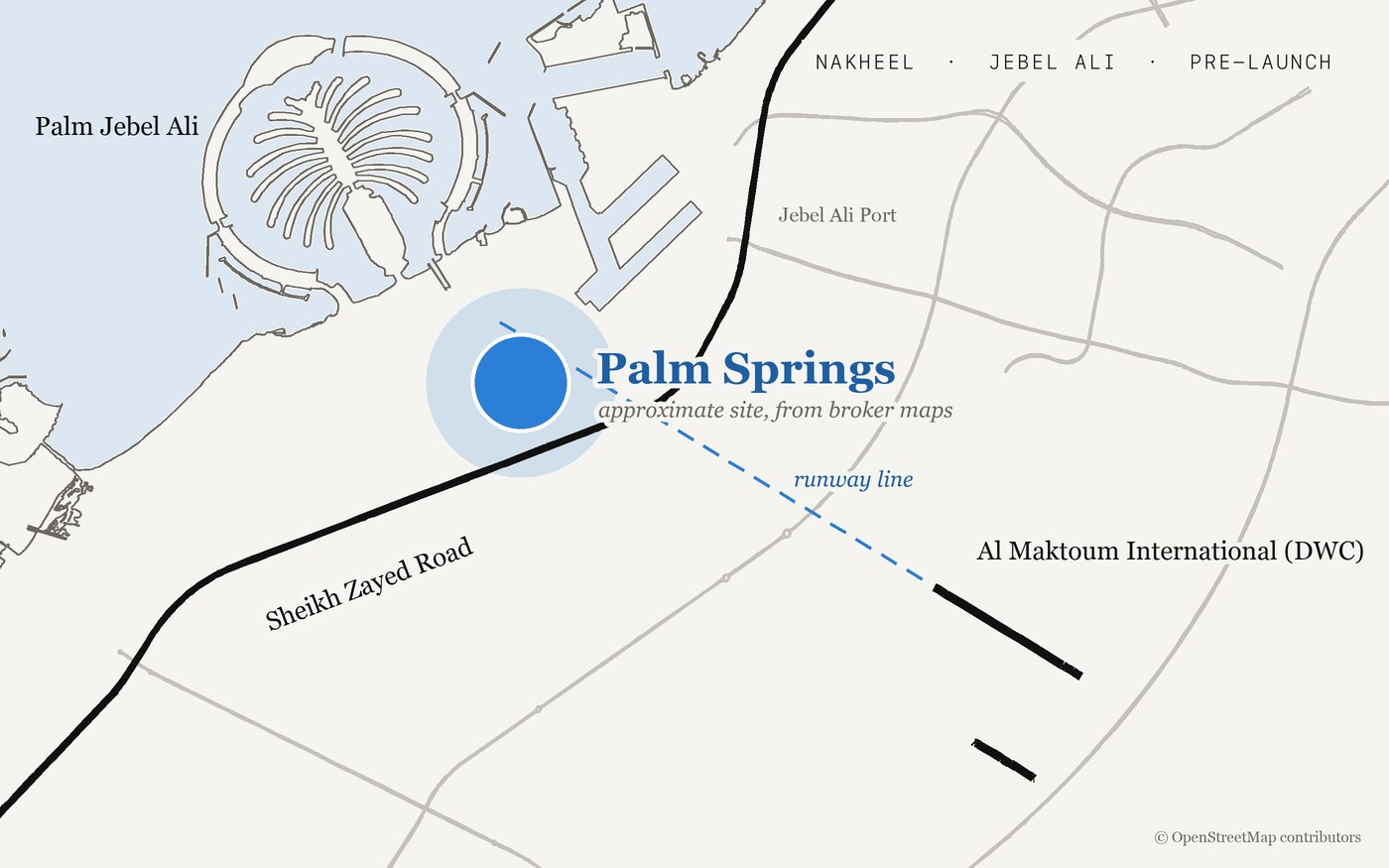نقشهی موقعیت Palm Springs میان پالم جبل علی و خیابان شیخ زاید