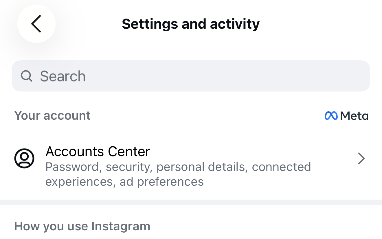 Instagram Settings and activity screen with Accounts Center listed at the top