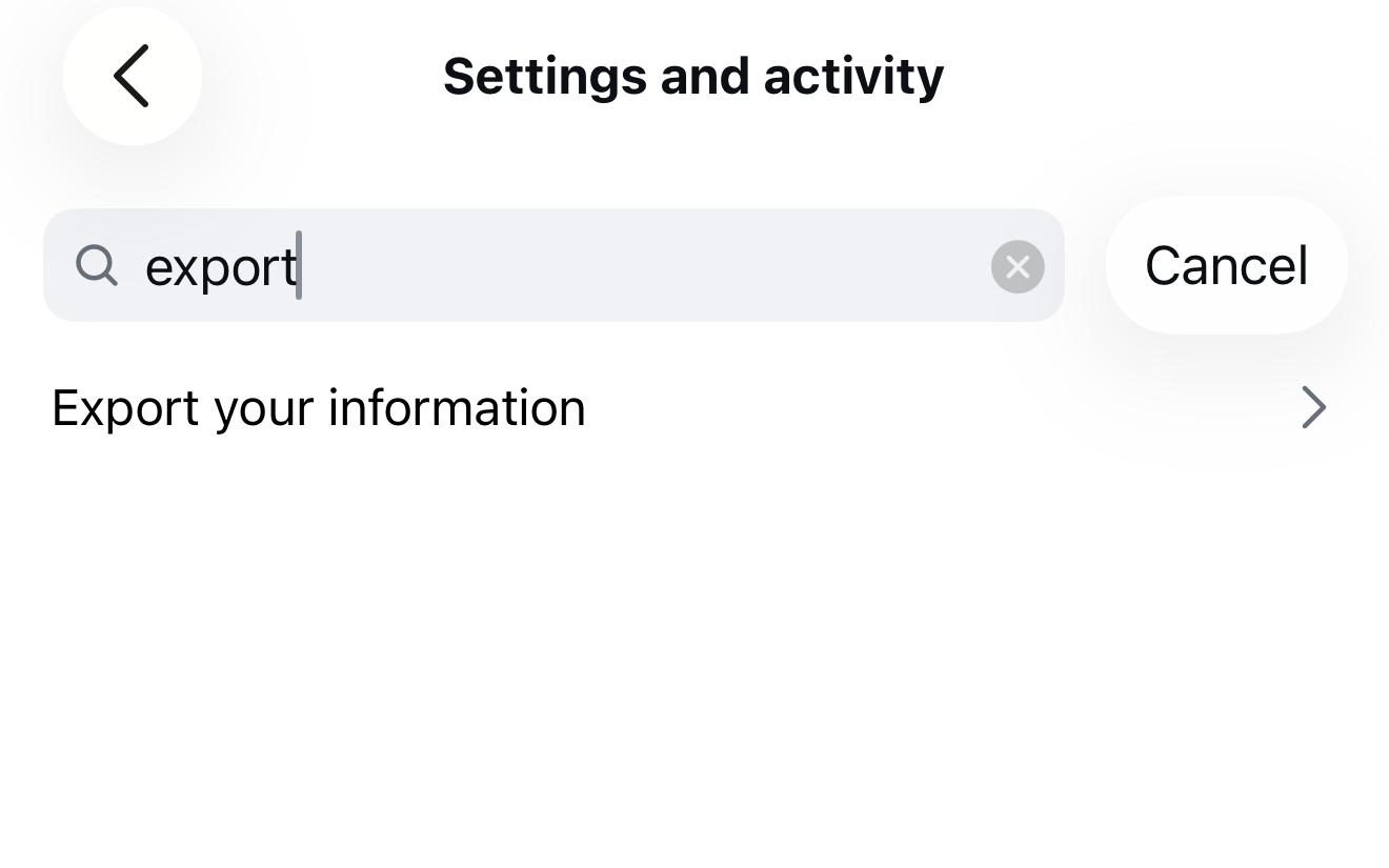 Settings search box with the word export typed and an Export your information result
