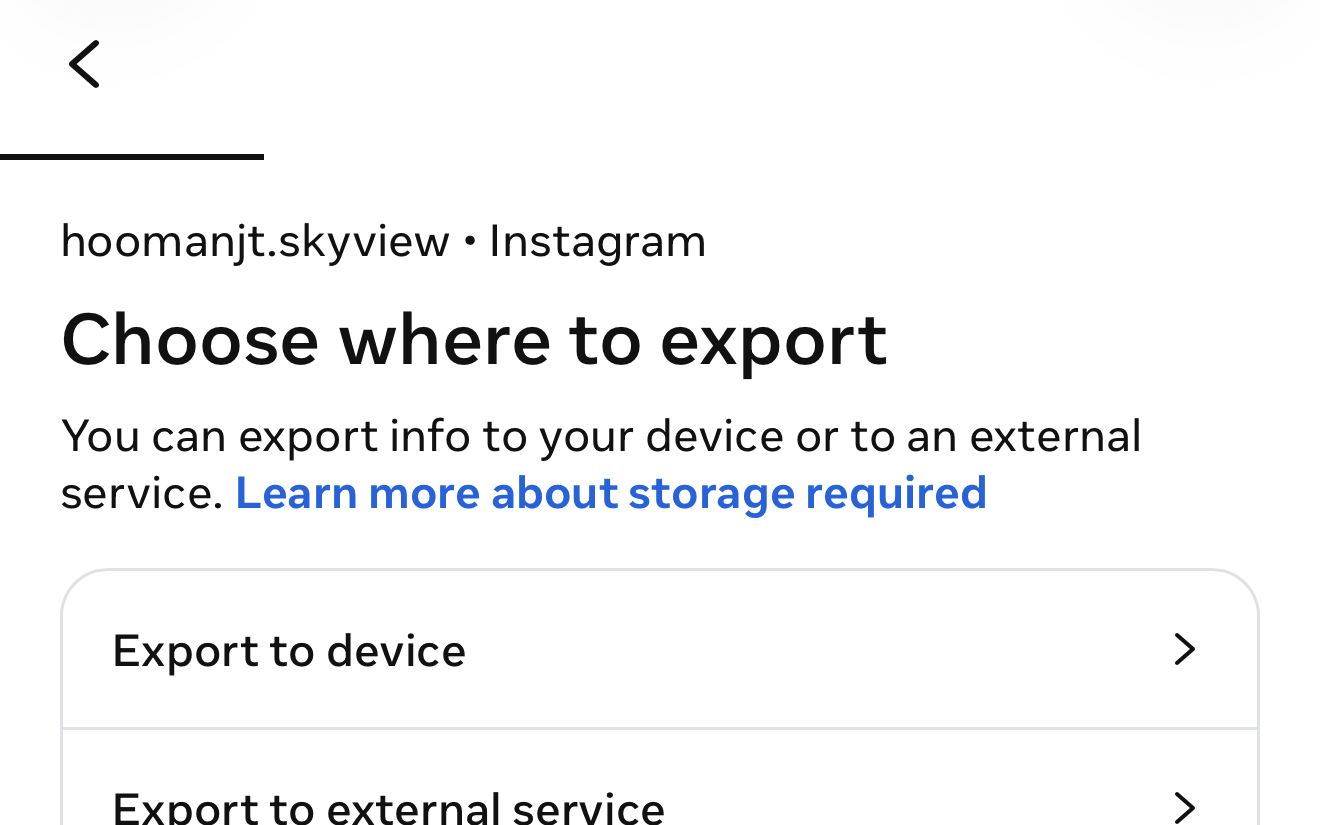 Choose where to export screen showing Export to device and Export to external service