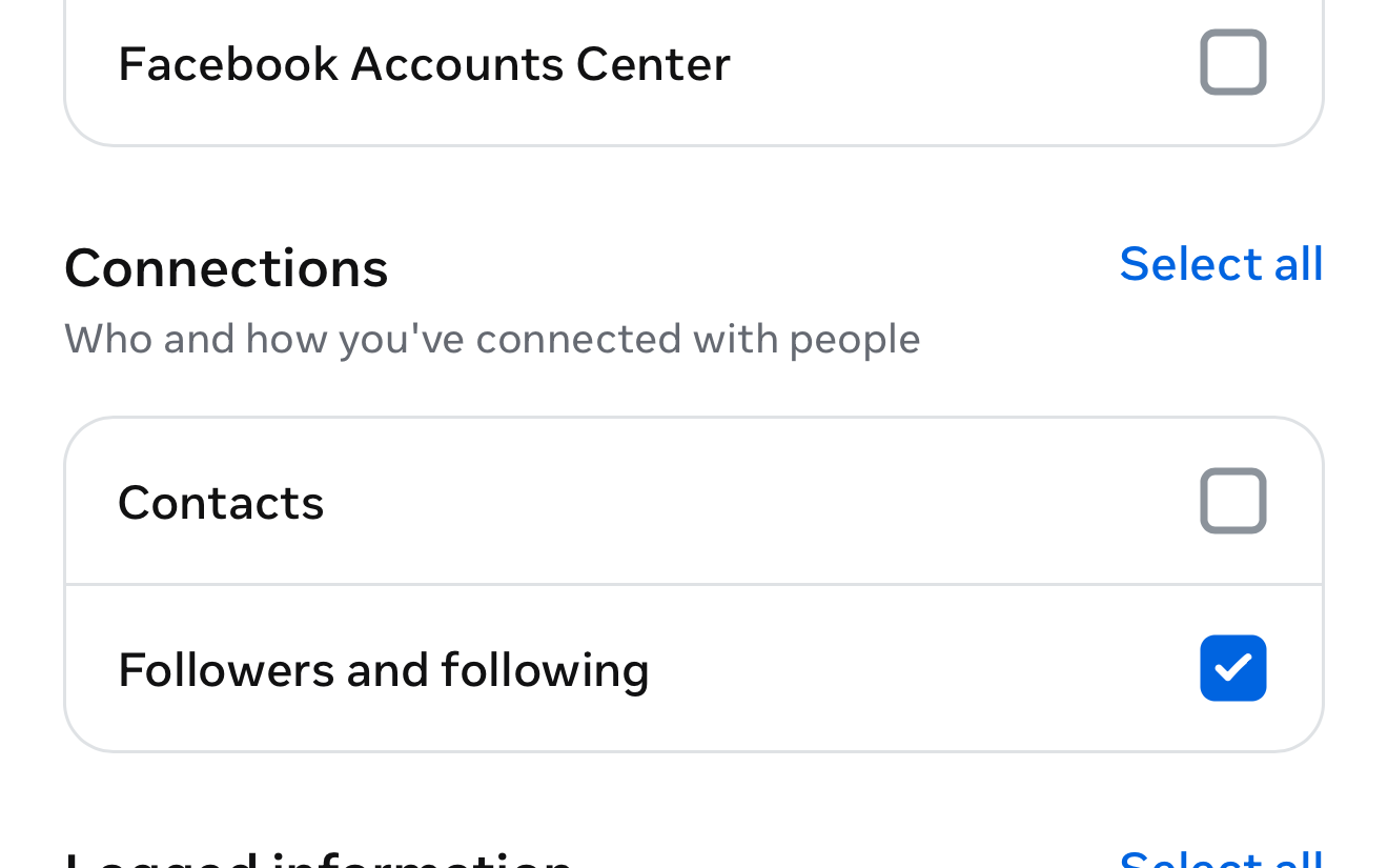 Customize information screen with only Followers and following ticked under Connections