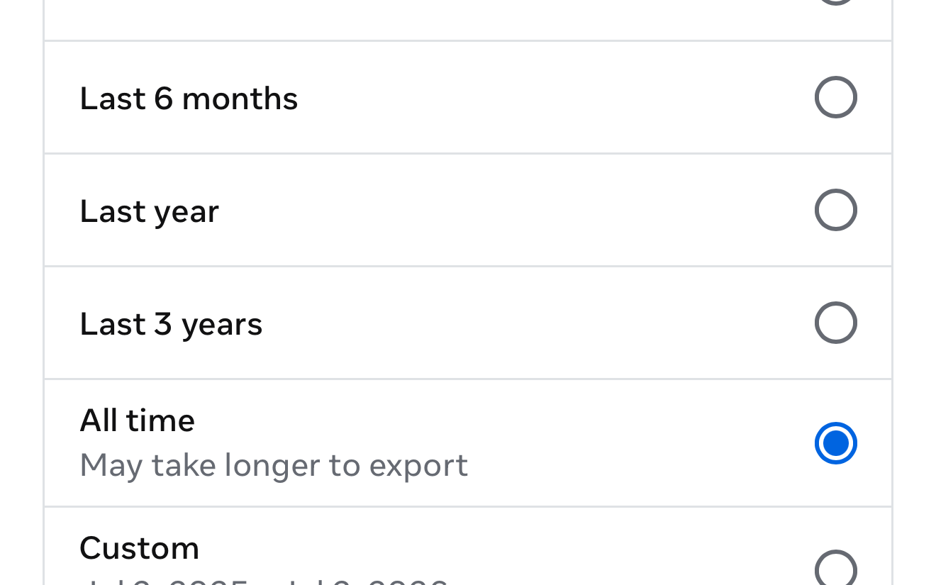 Date range screen with All time selected