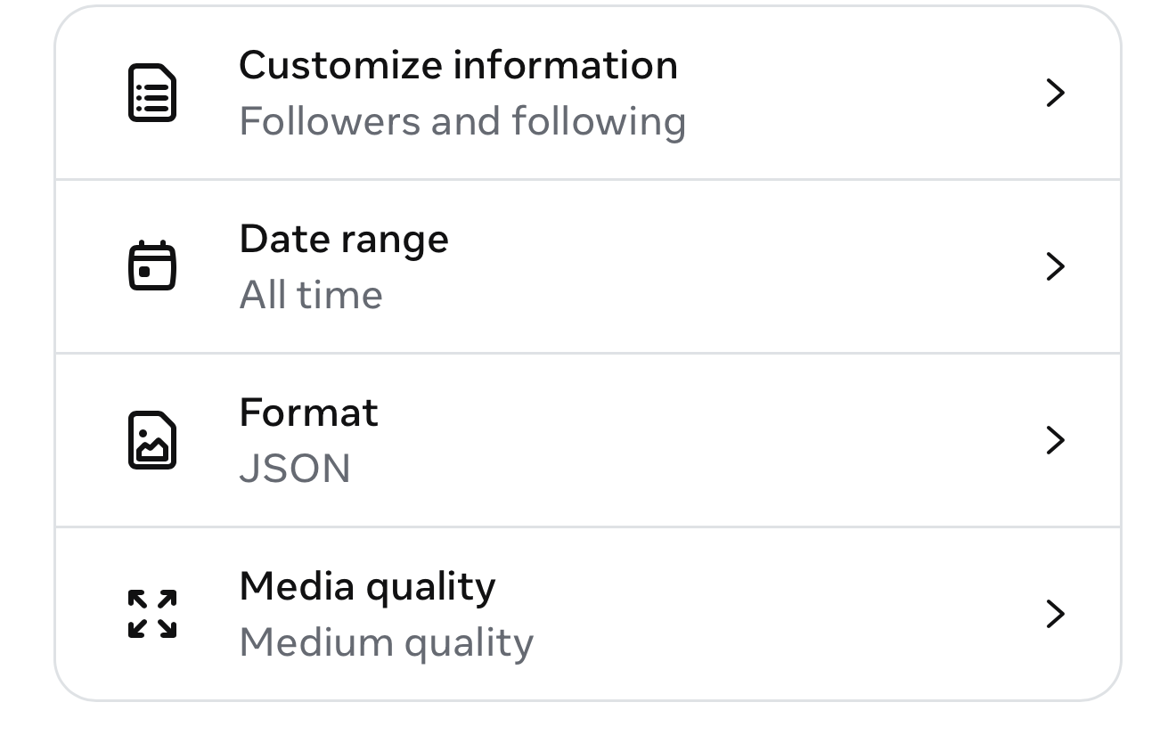Export summary reading Followers and following, All time, and JSON
