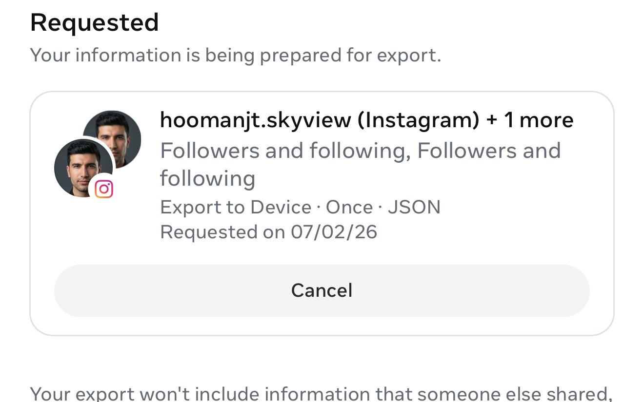 Export screen showing the request is being prepared