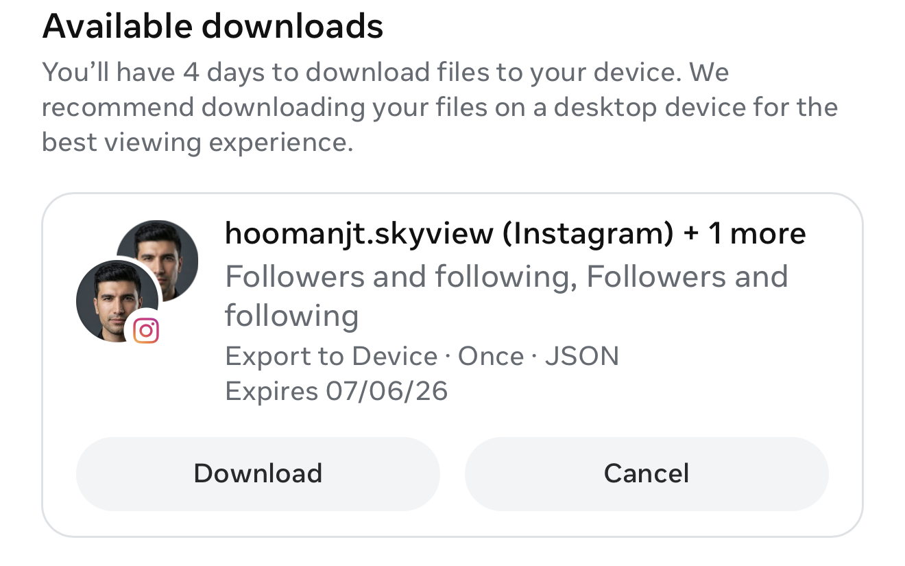 Available downloads screen with a Download button on the ready export