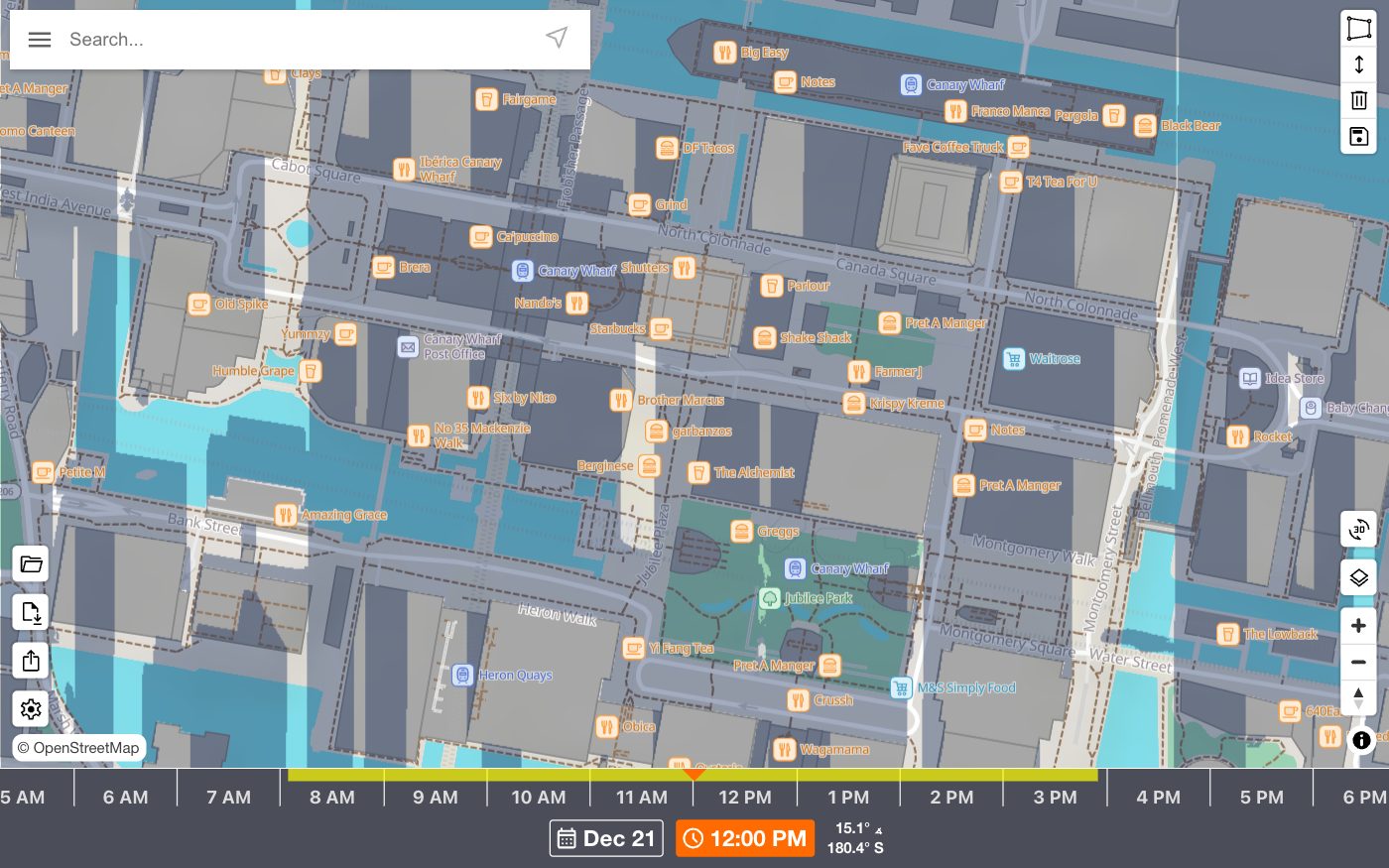 Canary Wharf, London, in ShadeMap at noon on 21 December
