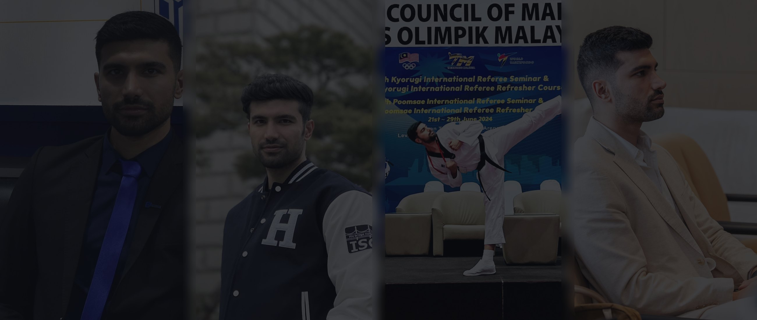 Houman Jalouti across four chapters: as an engineer, at business school, refereeing at a World Taekwondo international seminar, and in a client meeting in Dubai
